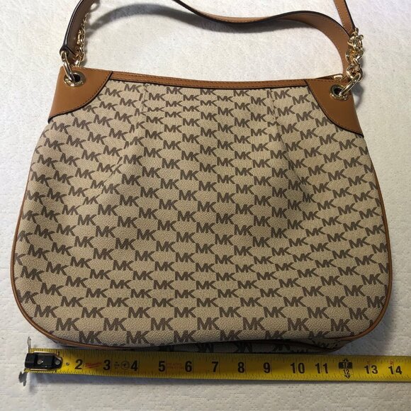 Michael Kors Large Crossbody Handbag 38T8CTTL3V MK print, Tan, Gold Detail - Picture 9 of 13